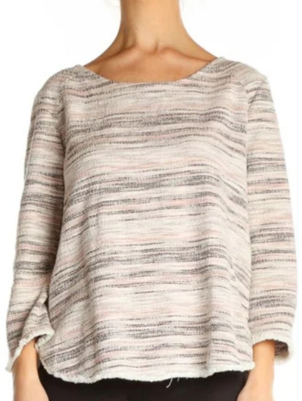 W5 Anthropologie Pink Multi Textured Knit Top 3/4 Sleeve Fringe Hem Size Large